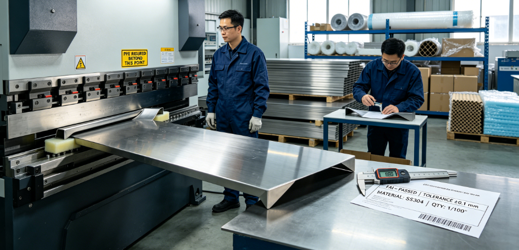 Close-up editorial photo of a stainless-steel restaurant bar component being formed on a CNC press brake inside a sheet-metal fabrication workshop, with a QA inspector verifying dimensions against a FAI label that reads tolerance ±0.1 mm — illustrating why a direct metal bending manufacturer shortens lead times and improves consistency for hospitality fit-outs.